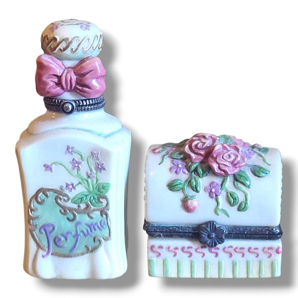 Victorian Style Perfume Bottle Bow Floral Hinged Lid Trinket Box Set Vintage - Picture 1 of 13